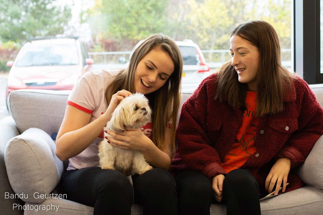 Two students sat on a sofa with a white dog