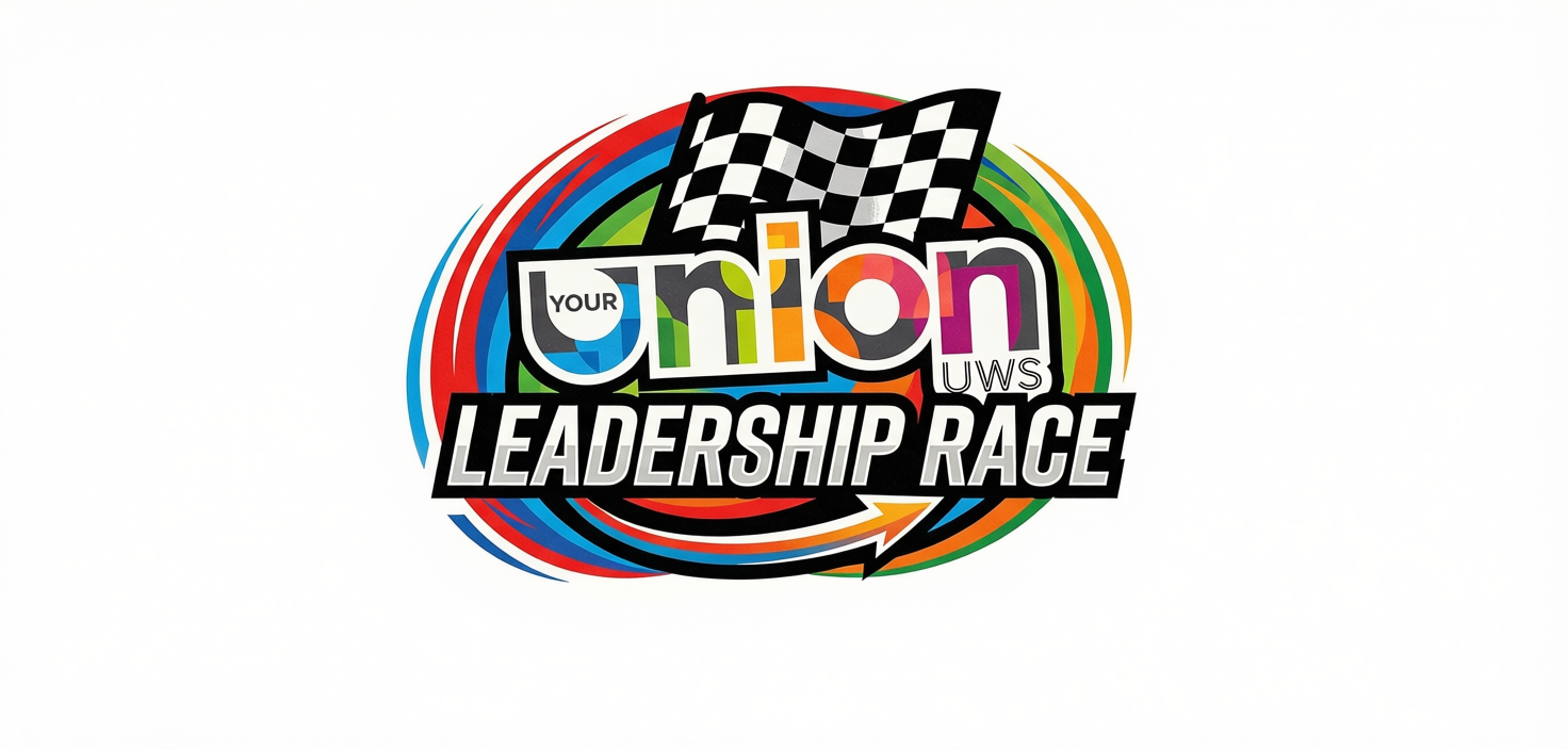 The Union elections logo - its colourful with a swirl like pattern, it contains the text "Union UWS and Leadership race" and has a checkered flag over the text.