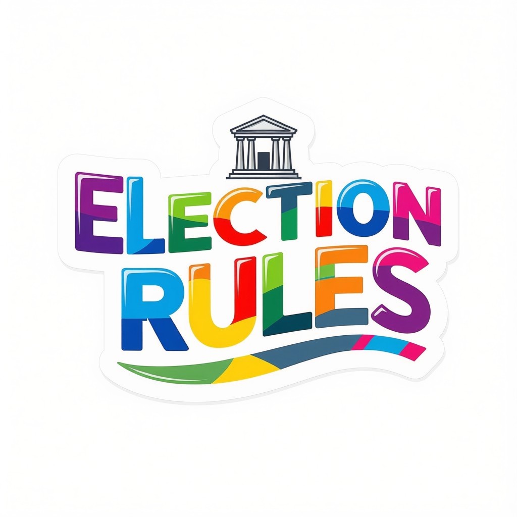 A logo showing the text election rules in various primary colours, with a small court like motif in white above the writing.
