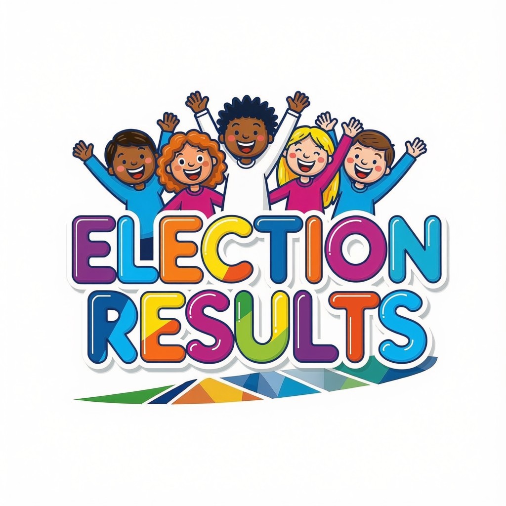 A graphic with the text "election results" with a group of diverse people standing over it, celebrating.